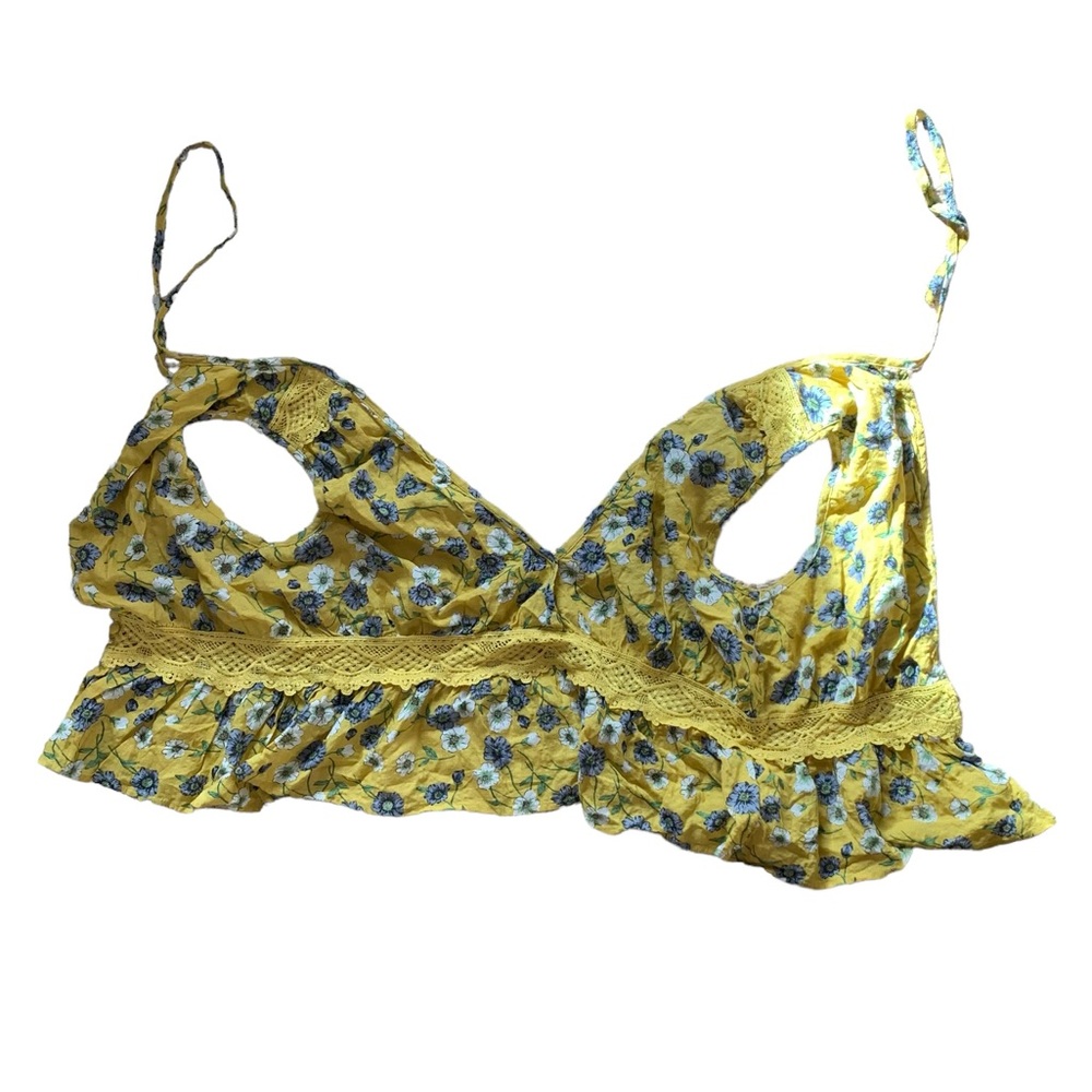 Yellow Moon River crop top button back ruffle shoulder strap size medium